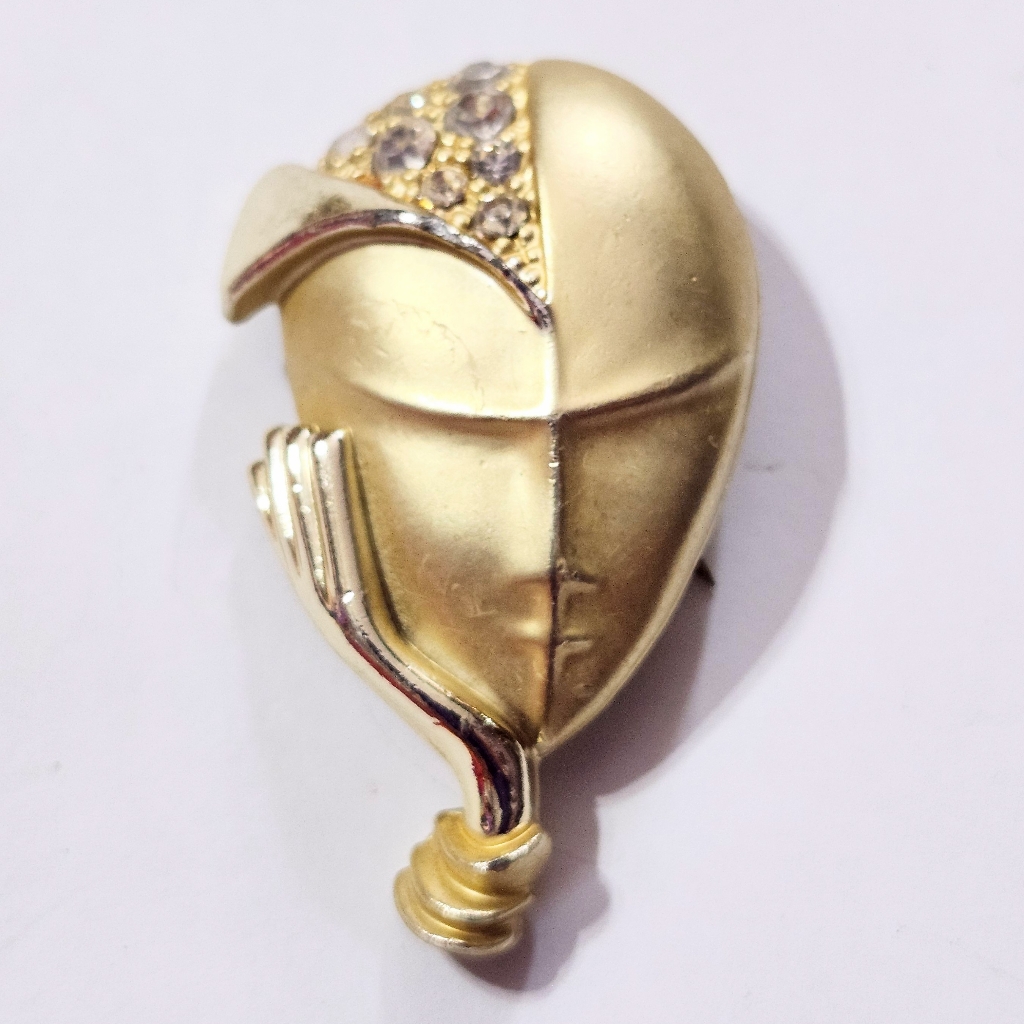 Vtg 1980s Ajc Gold Tone Rhinestone Pensive Lady Pin Brooch